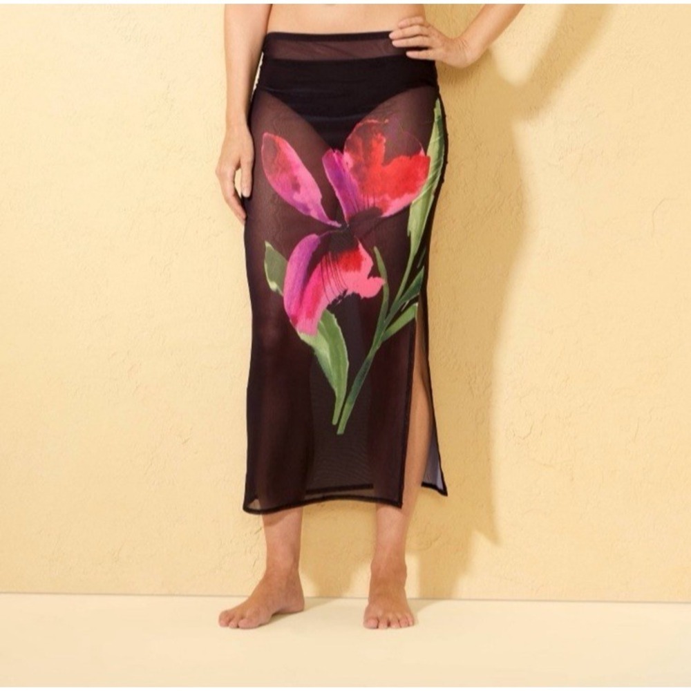 Shade & Shore Womens Long Cover Up Mesh Skirt Black Floral Sz L (12-14)